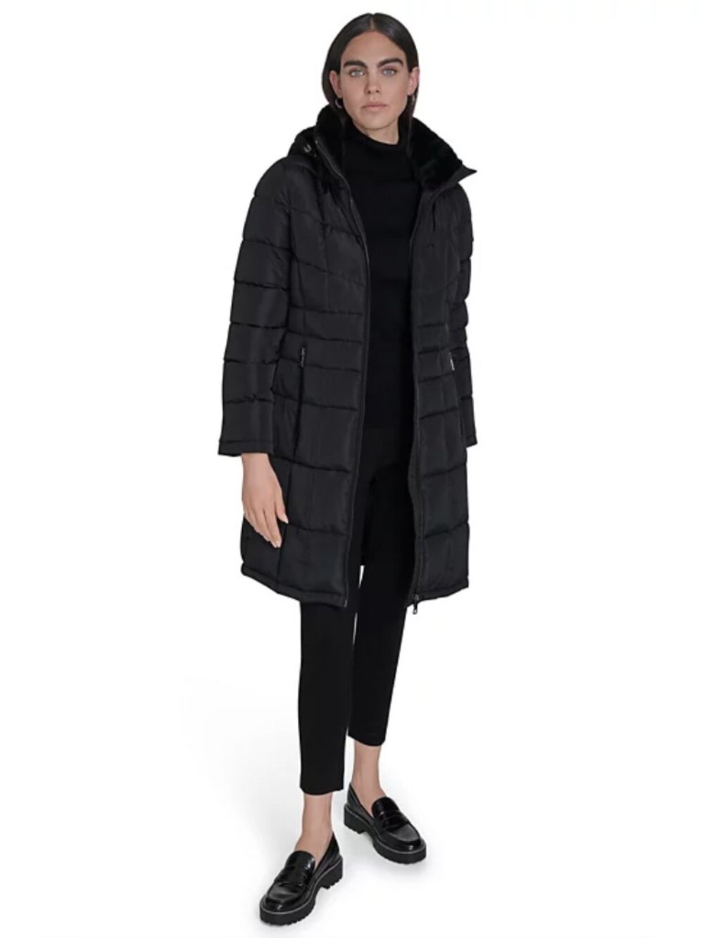 Calvin Klein Women's Hooded Stand Collar Puffer Coat, Black, L